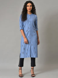W Printed Band Collar Roll Up Sleeves Kurta