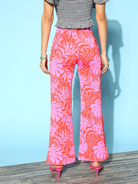 Berrylush Women Red Floral Printed Flared High-Rise Trousers