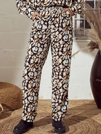 SASSAFRAS Women Beige Abstract Printed Mid-Rise Straight Trousers