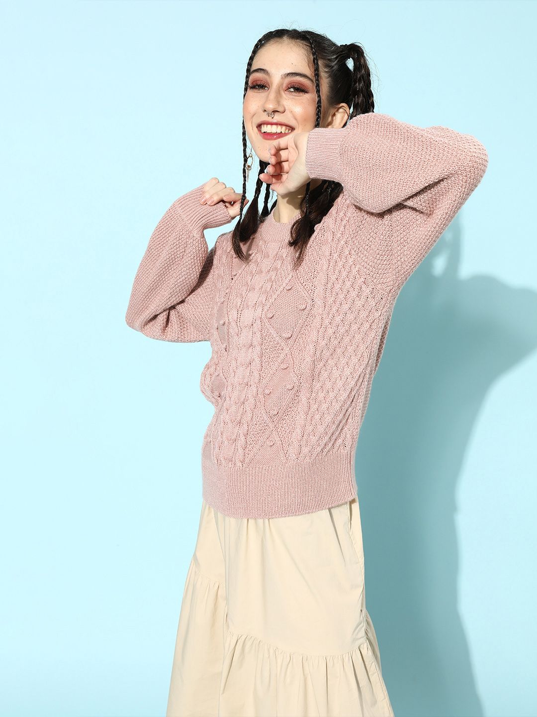STREET 9 Women Nude-Coloured Cable Knit Pullover Sweater
