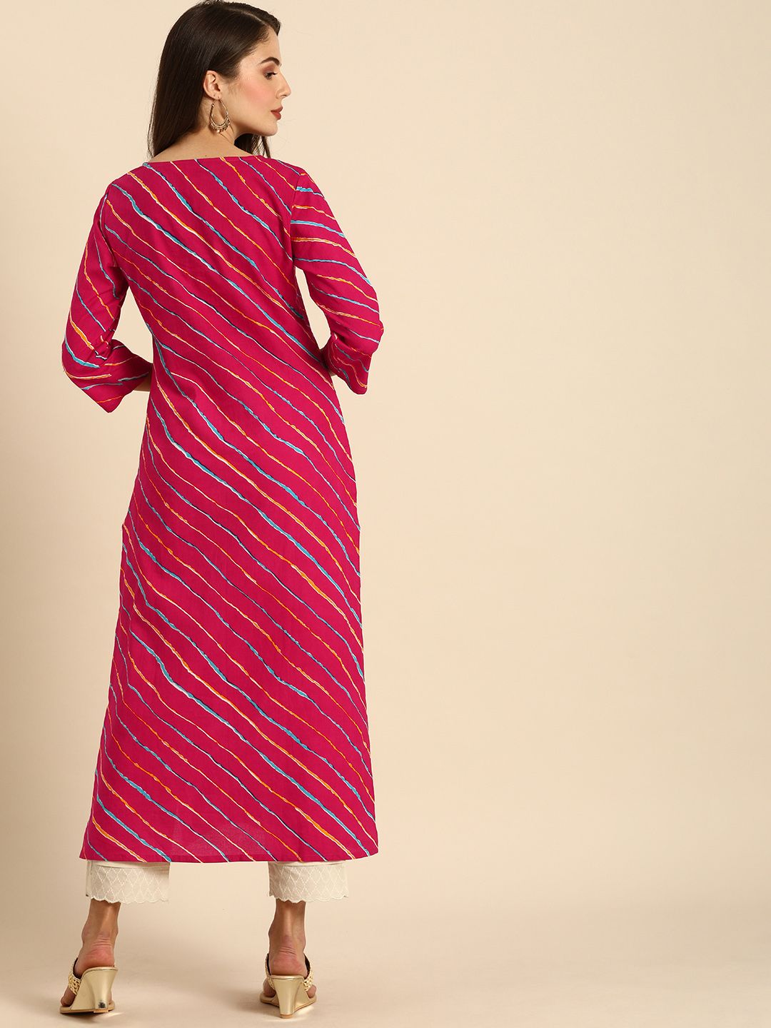 Varanga Women Fuchsia Pink & Yellow Leheriya Printed Kurta