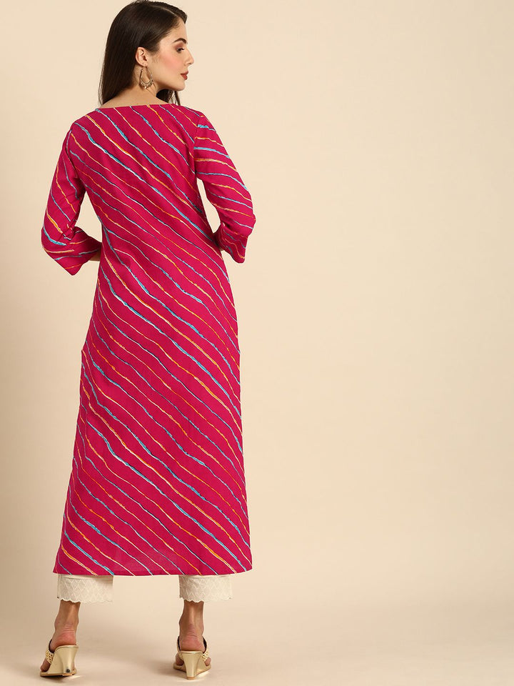 Varanga Women Fuchsia Pink & Yellow Leheriya Printed Kurta