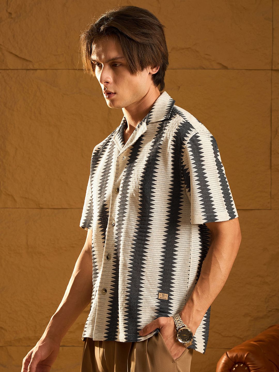 DENNISON Relaxed Vertical Striped Printed Cuban Collar Oversized Cotton Crochet Shirt