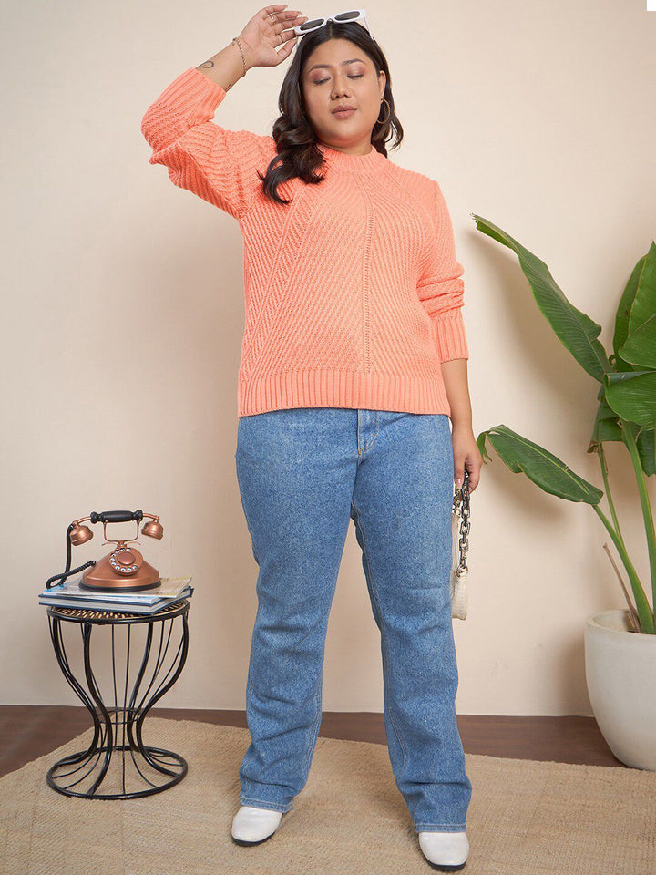 CURVY STREET Plus Size Geometric Self Design Pure Acrylic Pullover
