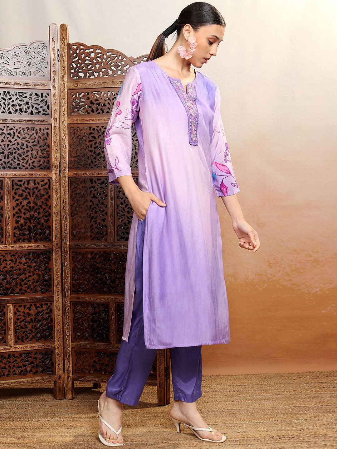 Vishudh Purple Ombre Printed Thread Work Straight Kurta With Trousers & Dupatta