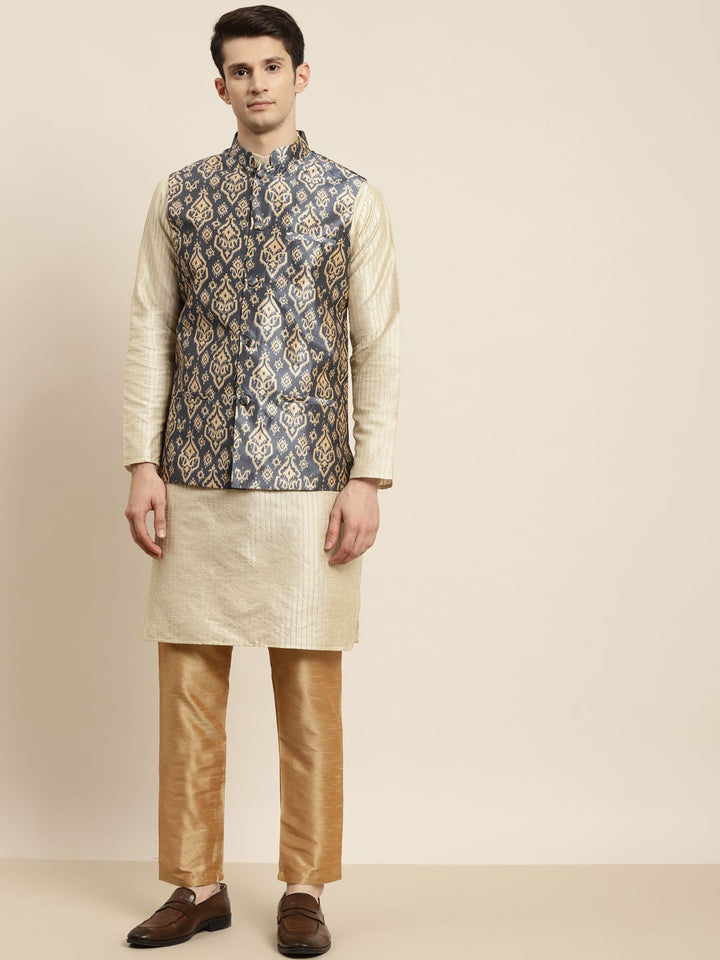 SOJANYA Men Beige Striped Kurta with Pyjamas & Nehru Jacket