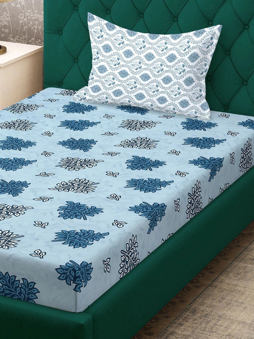 Moda Rapido X KLOTTHE Blue & White Floral 400 TC Single Bedsheet with 1 Pillow Covers