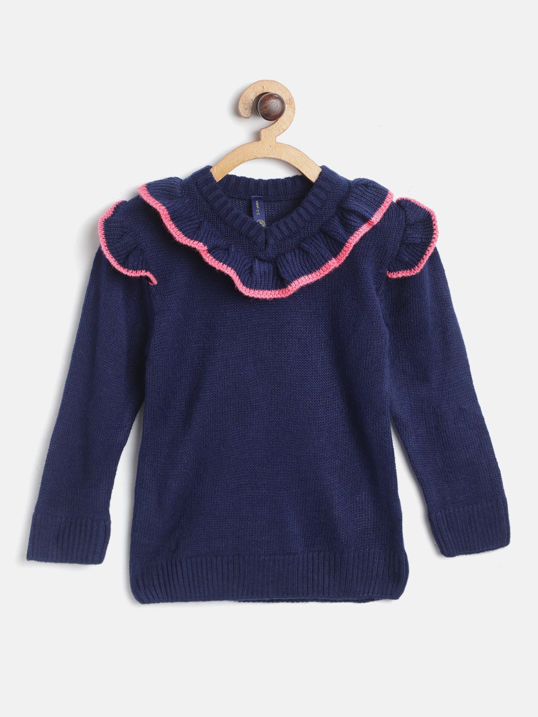 YK Girls Navy Blue Solid Pullover with Ruffle Detail