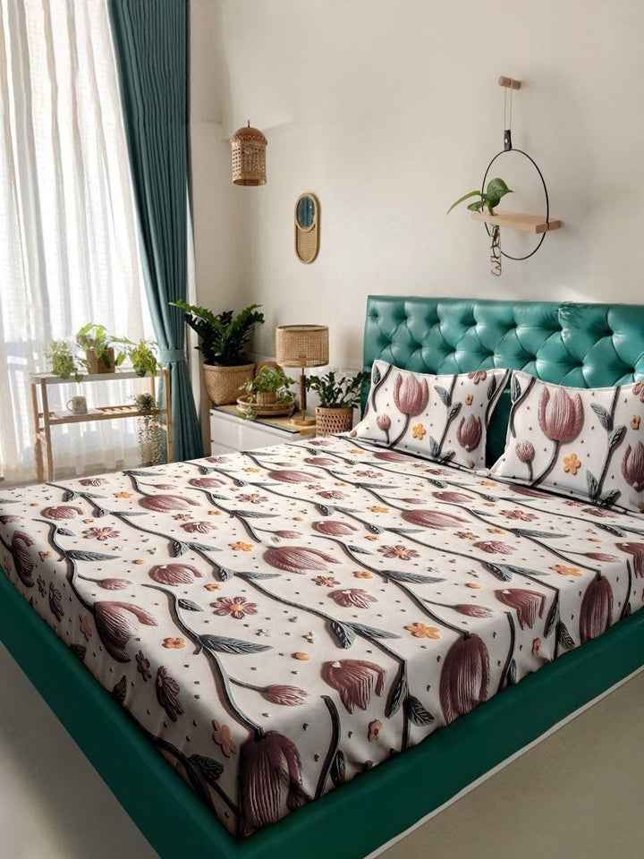 Myntra Elegant Cream-Coloured Floral 300 TC King 7D Bedsheet with 2 Pillow Covers