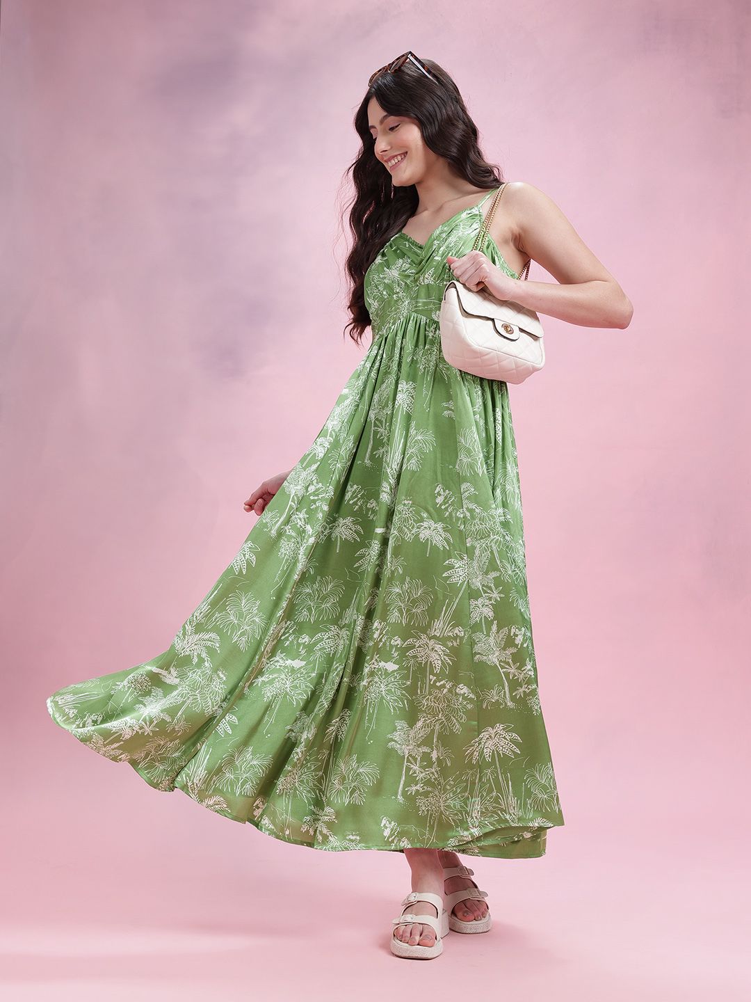 DressBerry Tropical Print Shoulder Straps Pleated Maxi Dress with Cut-Out Detail