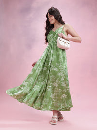 DressBerry Tropical Print Shoulder Straps Pleated Maxi Dress with Cut-Out Detail