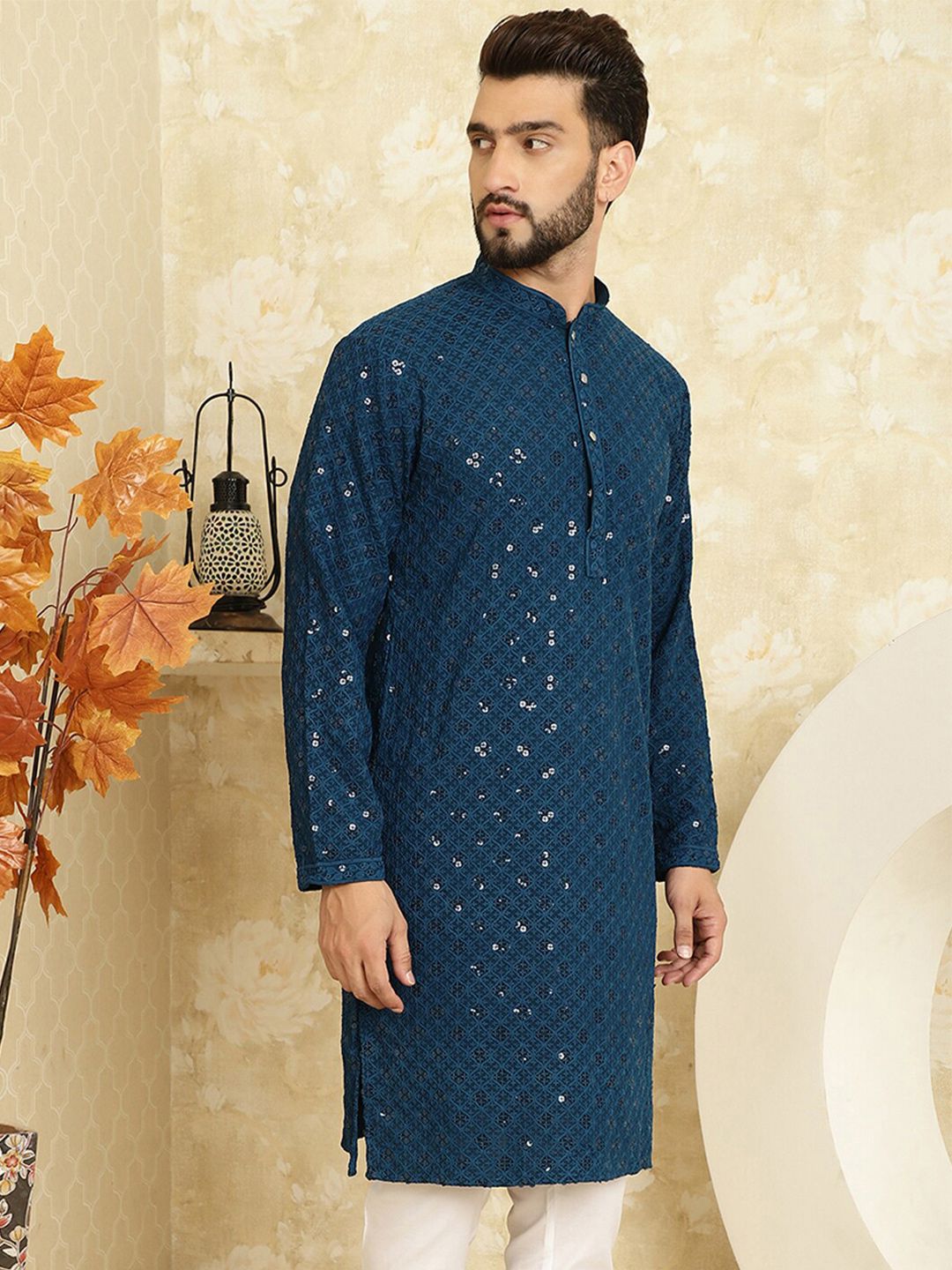 SOJANYA Motif Etnik Bersulam Labuci Lengan Panjang Kurta Kapas Tulen Lurus
