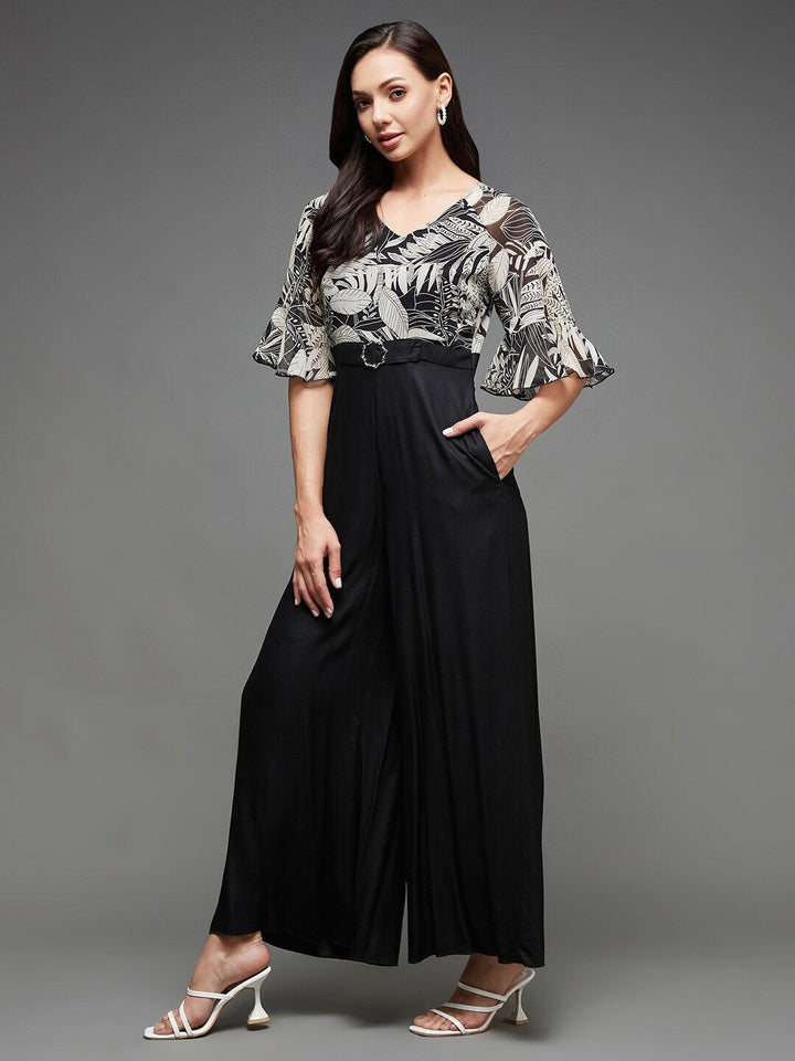 Miss Chase Black White Printed V-Neck Bell Sleeves Basic Jumpsuit