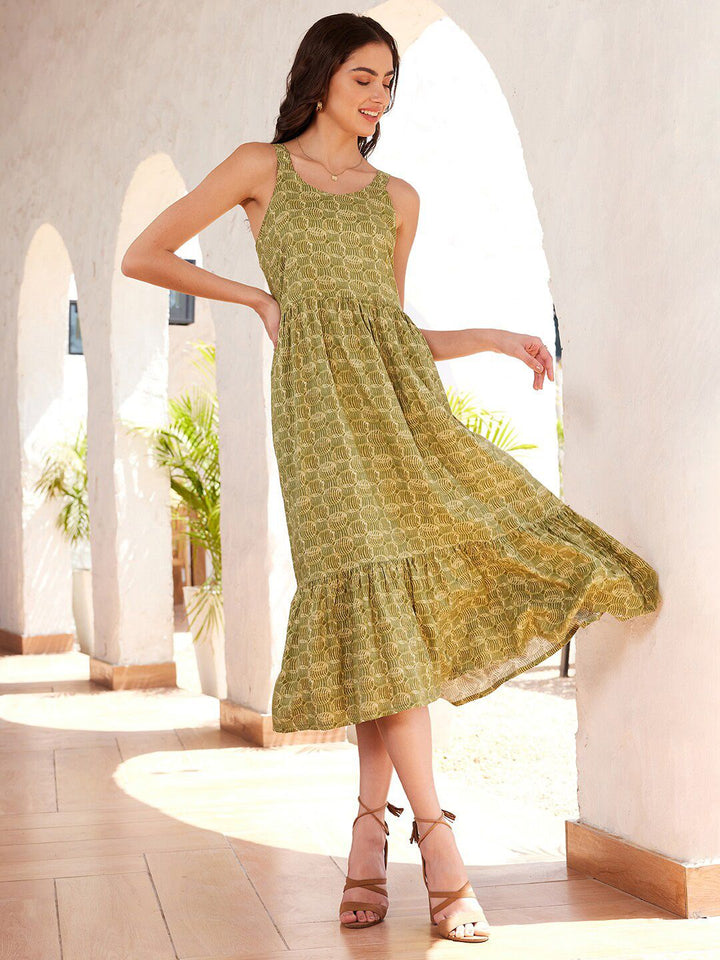STREET 9 Olive Green & Beige Printed A-Line Midi Dress