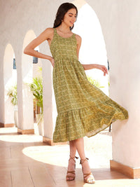 STREET 9 Olive Green & Beige Printed A-Line Midi Dress