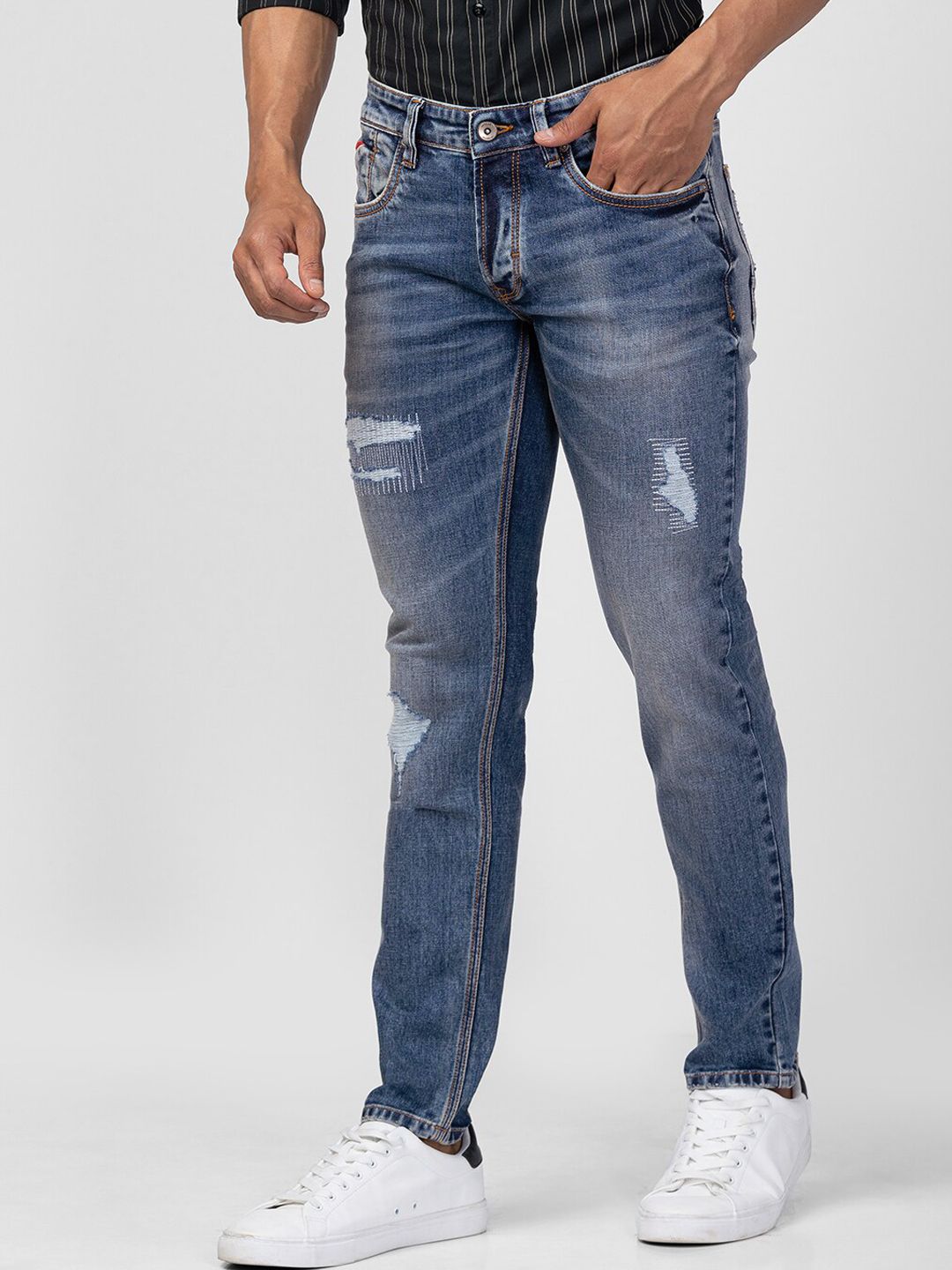 SPYKAR Men Skinny Fit Low-Rise Mildly Distressed Heavy Fade Stretchable Cotton Jeans