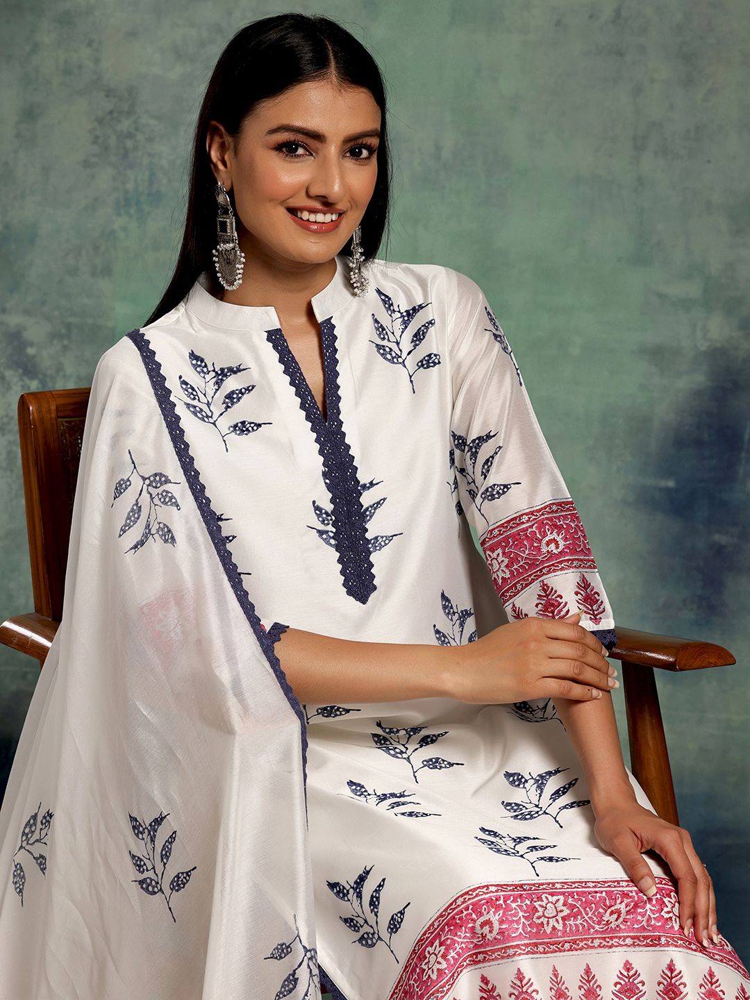 Libas White Floral Printed Gotta Patti Straight Kurta With Trousers & Dupatta