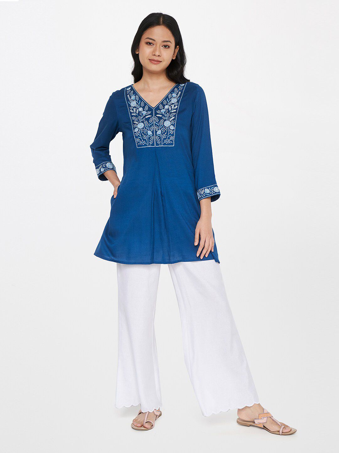 Global Desi Blue & White Viscose Rayon Embroidered Tunic