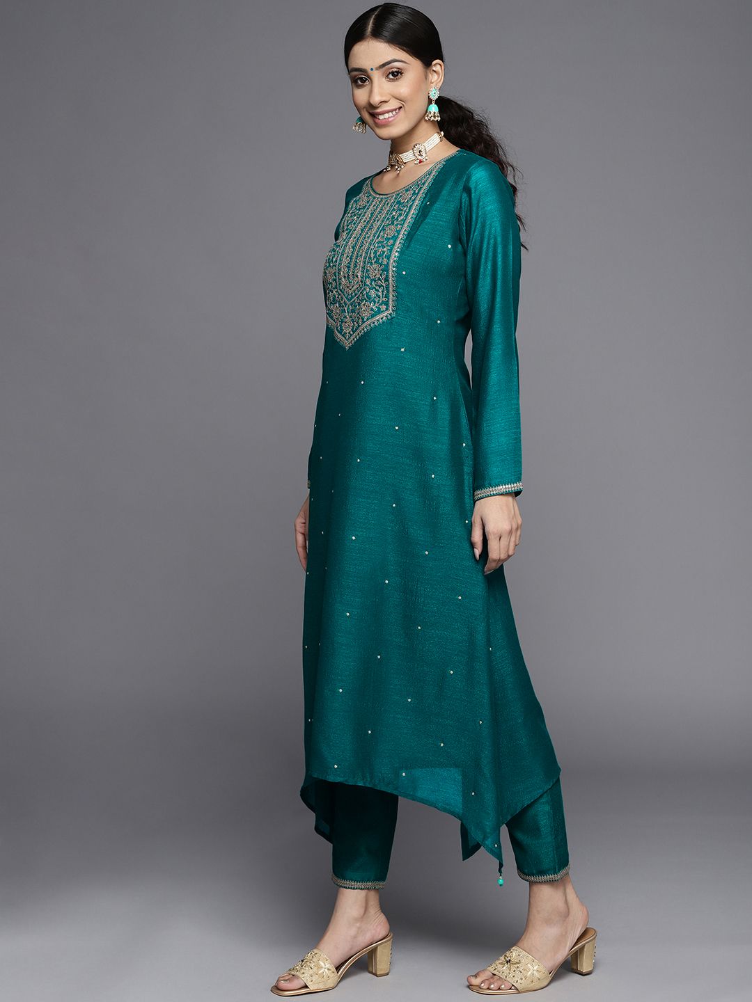 Libas Women Teal Blue & Golden Yoke Design Kurta