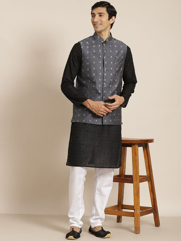 SOJANYA Men Black Chikankari Pure Cotton Kurta with Churidar & Nehrujacket