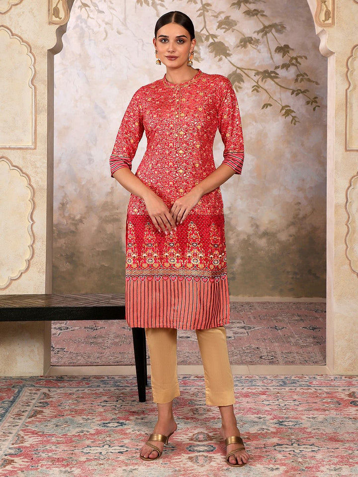 AURELIA Foil Floral Printed Sequined Mandarin Collar Straight Kurta