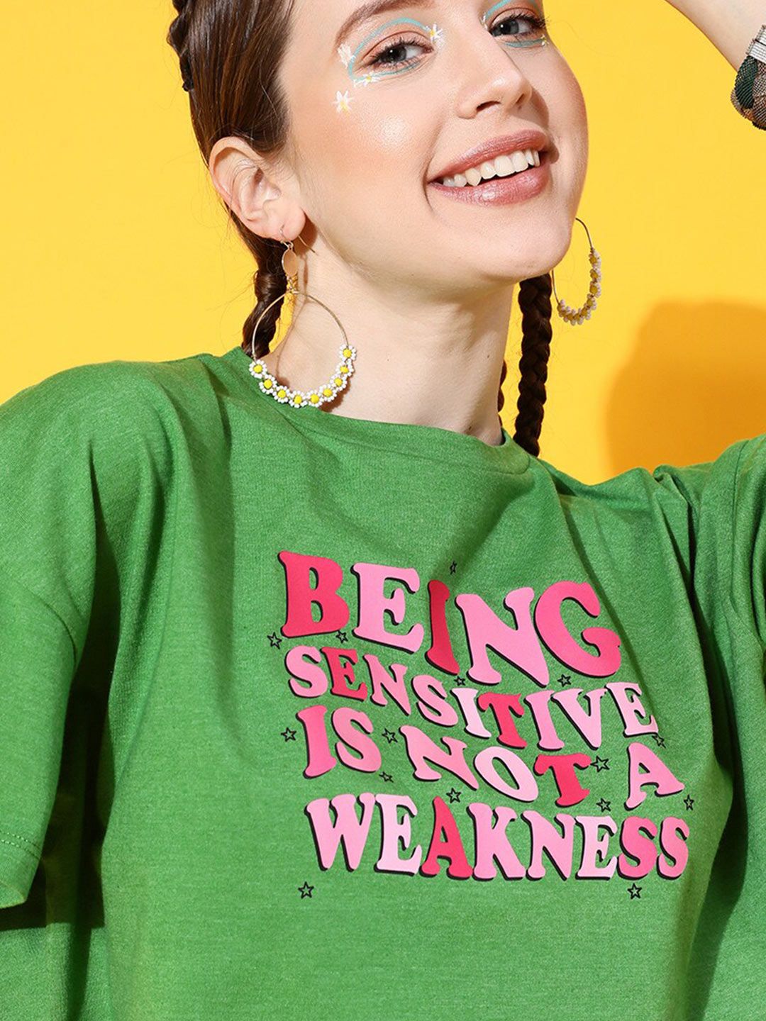 STREET 9 Women Green Printed Drop-Shoulder Sleeves Bio Finish Applique Oversized  Crop T-shirt