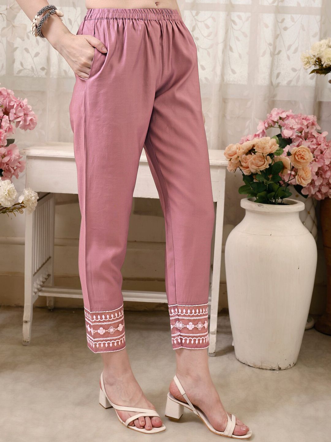 KALINI Floral Embroidered Thread Work Chanderi Cotton Kurta with Trousers & With Dupatta