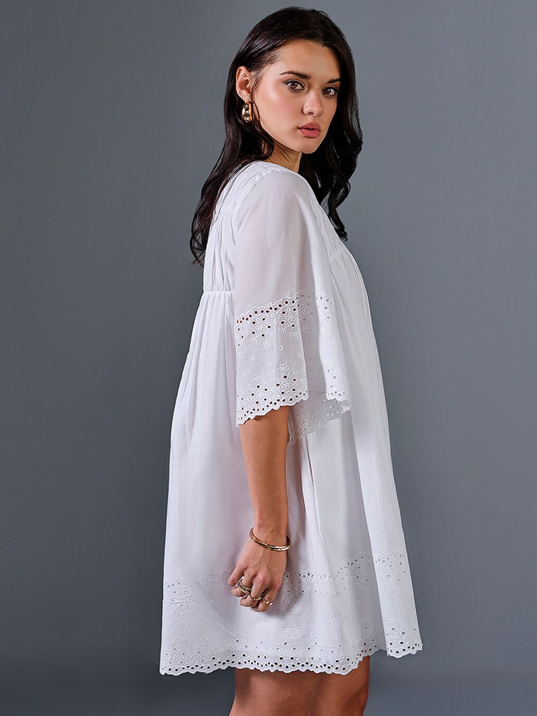 AND Striped V-Neck Bell Sleeve A-Line Dress