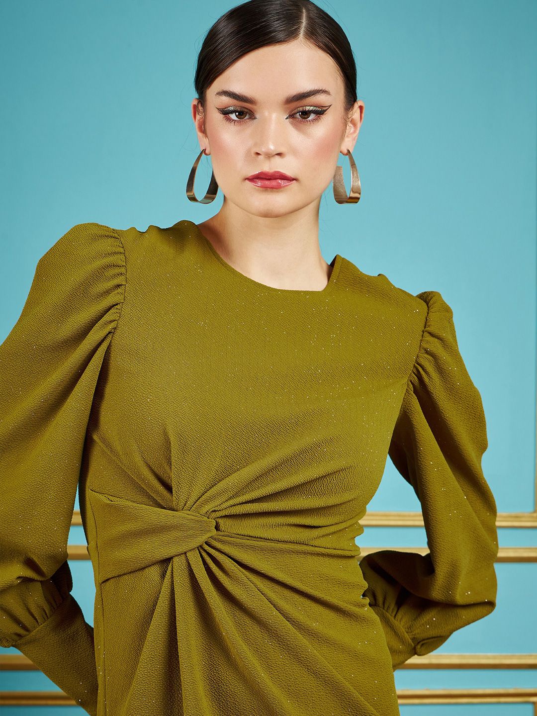 SASSAFRAS Olive Self Design Puff Sleeves Gathered Detail Sheath Dress