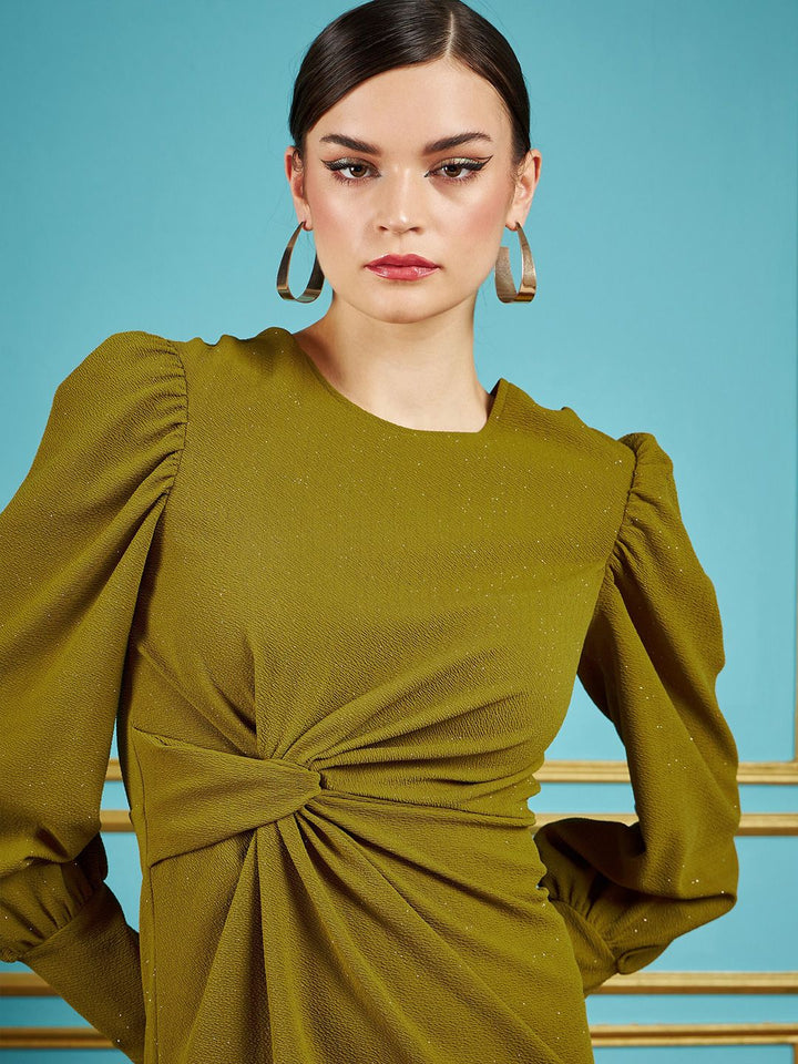 SASSAFRAS Olive Self Design Puff Sleeves Gathered Detail Sheath Dress