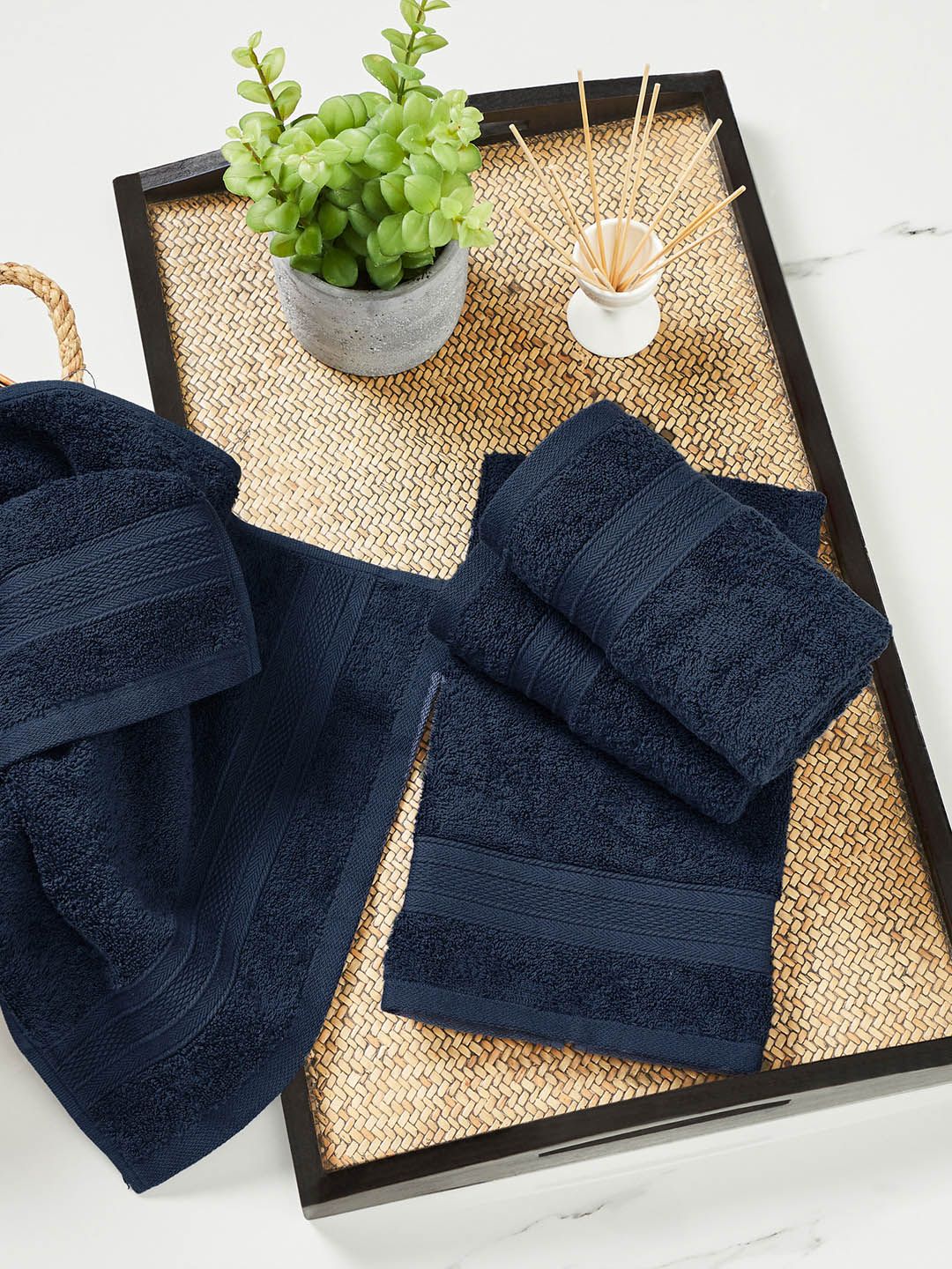 MYTRIDENT Set of 4 Navy Blue 500 GSM Striped Cotton Hand Towels