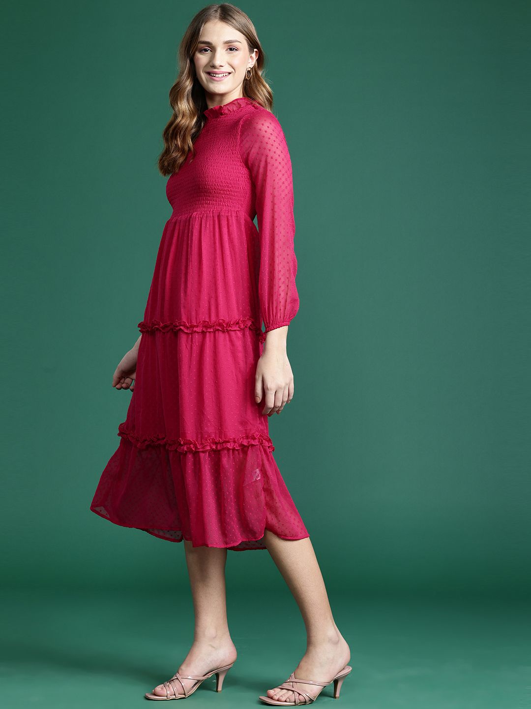 DressBerry Schiffli Smocked Tiered A-Line Midi Dress
