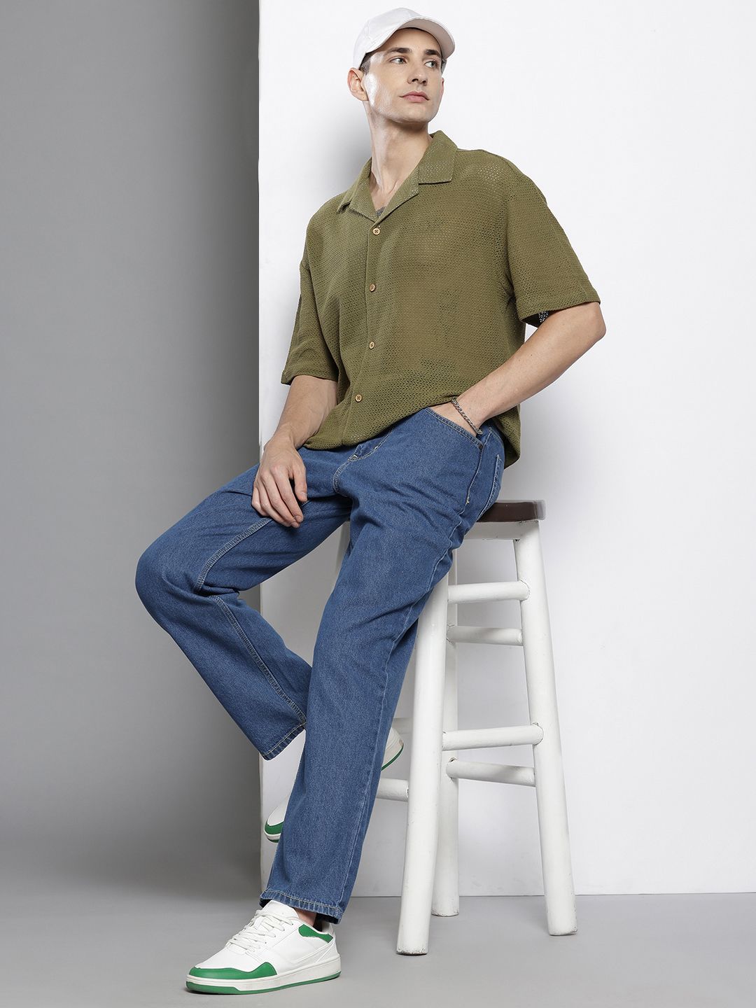 The Indian Garage Co Men Textured Open Weave Knitted Relaxed Fit Shirt