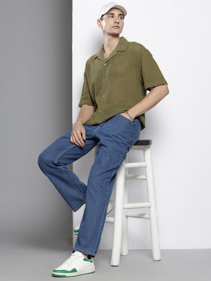 The Indian Garage Co Men Textured Open Weave Knitted Relaxed Fit Shirt