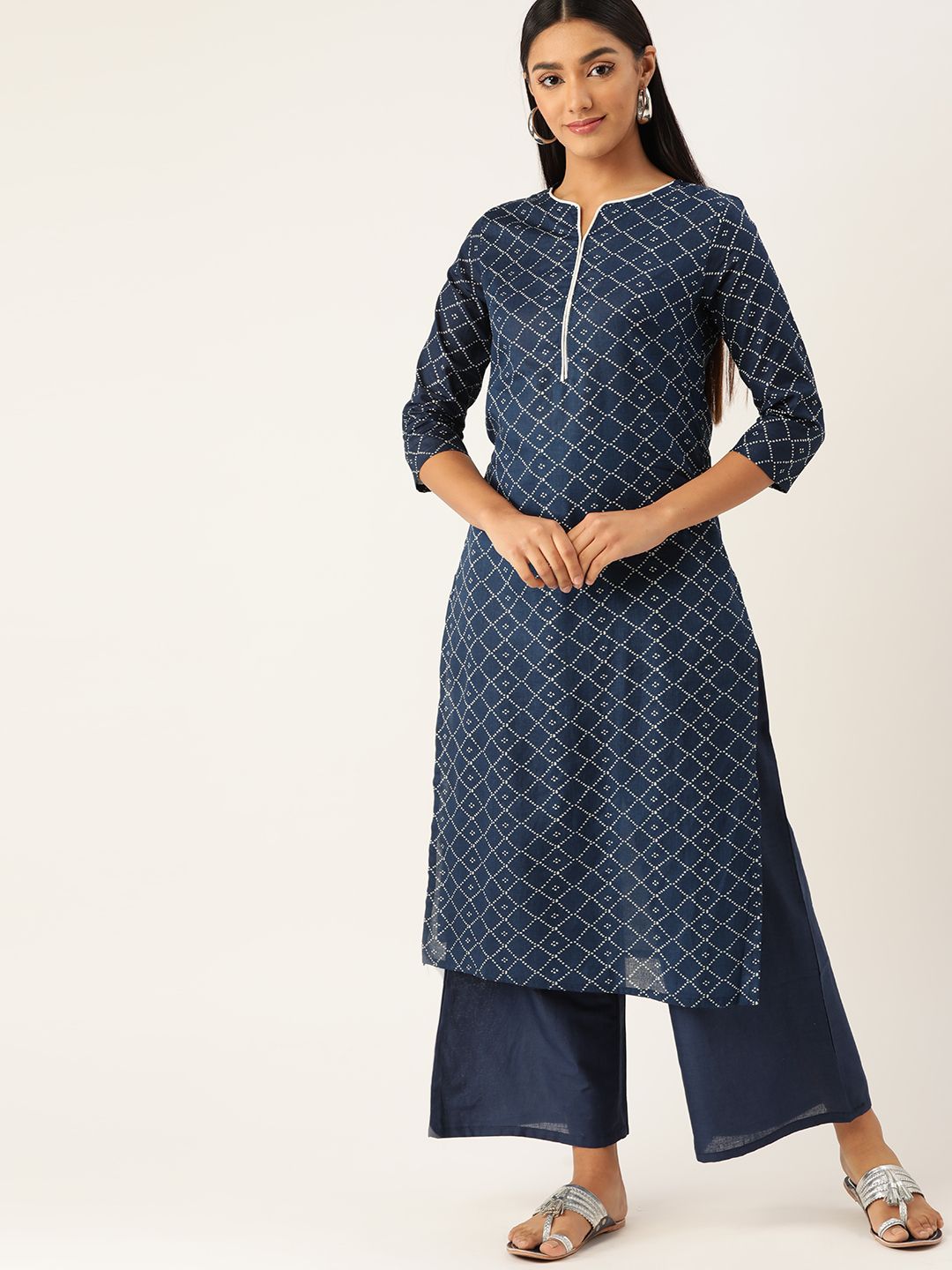 Anouk Women Teal Blue & Off White Printed Pure Cotton Kurta with Palazzos