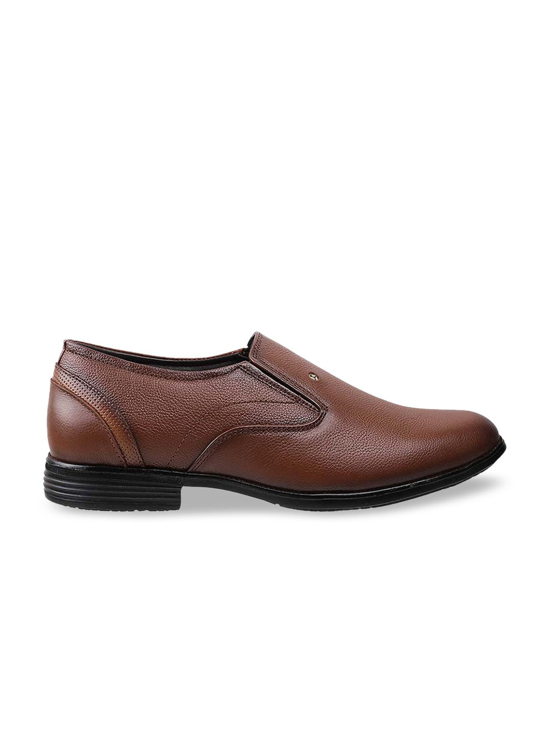 Mochi Men Tan Brown Solid Leather Formal Slip-Ons