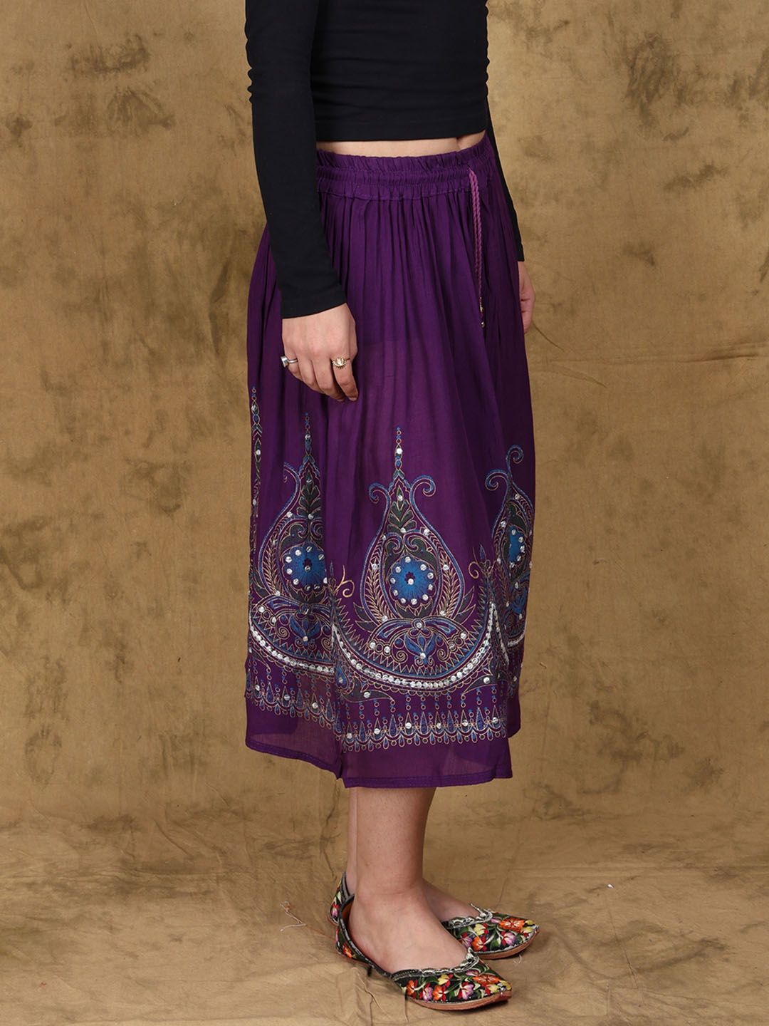 Exotic India Printed Flared Midi Skirts