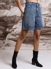 Tokyo Talkies Women Blue High Rise Cotton Denim Shorts