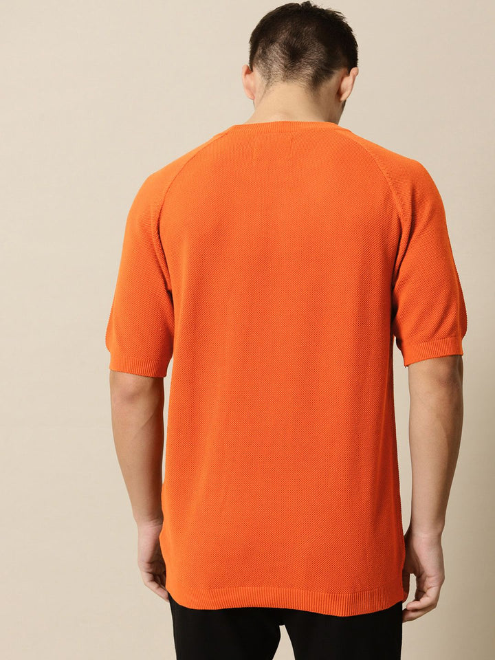 Mr Bowerbird Men Rust-Coloured Solid Tailored Fit Round Neck Sweater Pure Cotton T-shirt