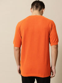 Mr Bowerbird Men Rust-Coloured Solid Tailored Fit Round Neck Sweater Pure Cotton T-shirt
