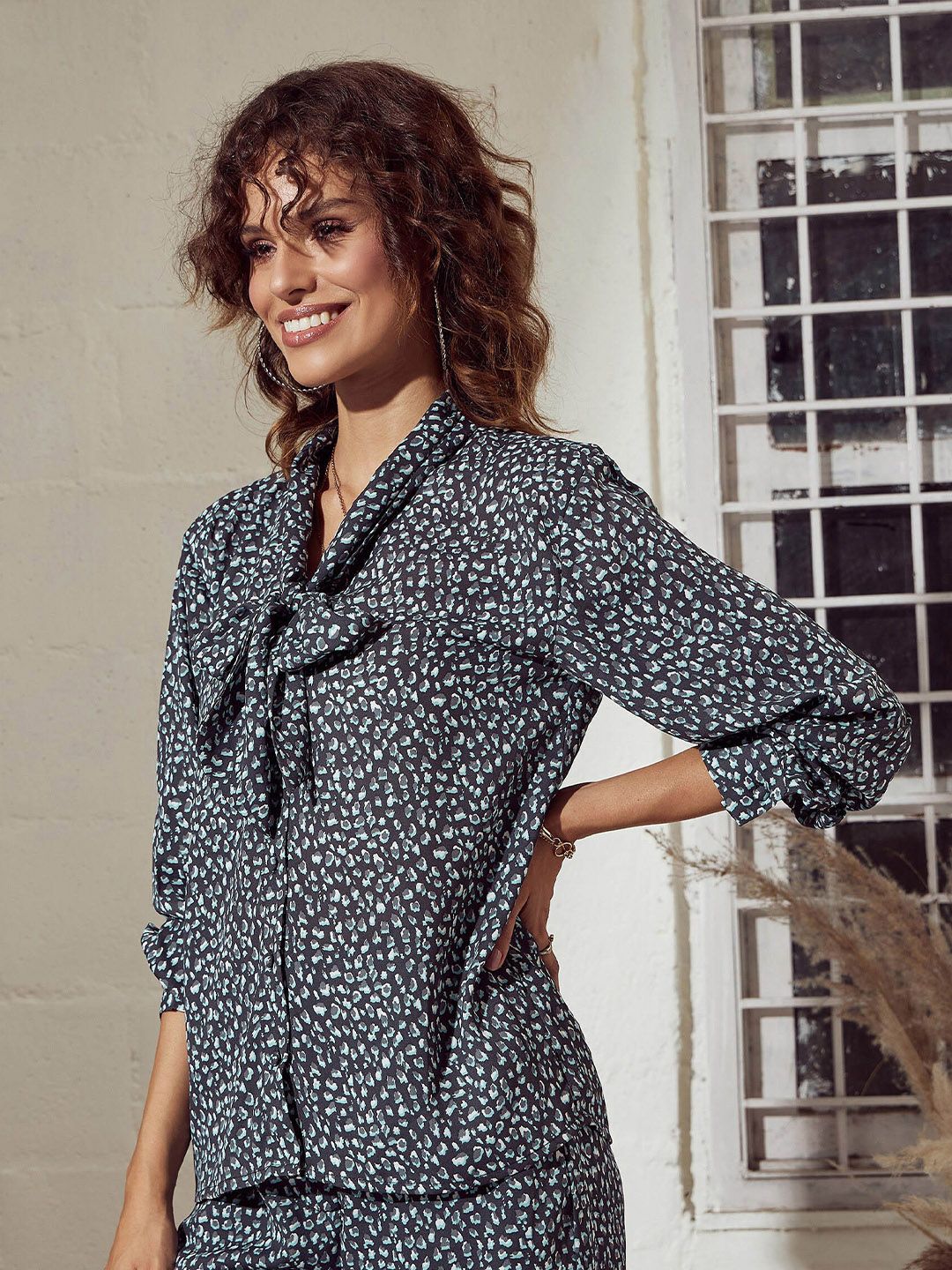 SASSAFRAS Charcoal Animal Printed Tie-Up Neck Shirt Style Top