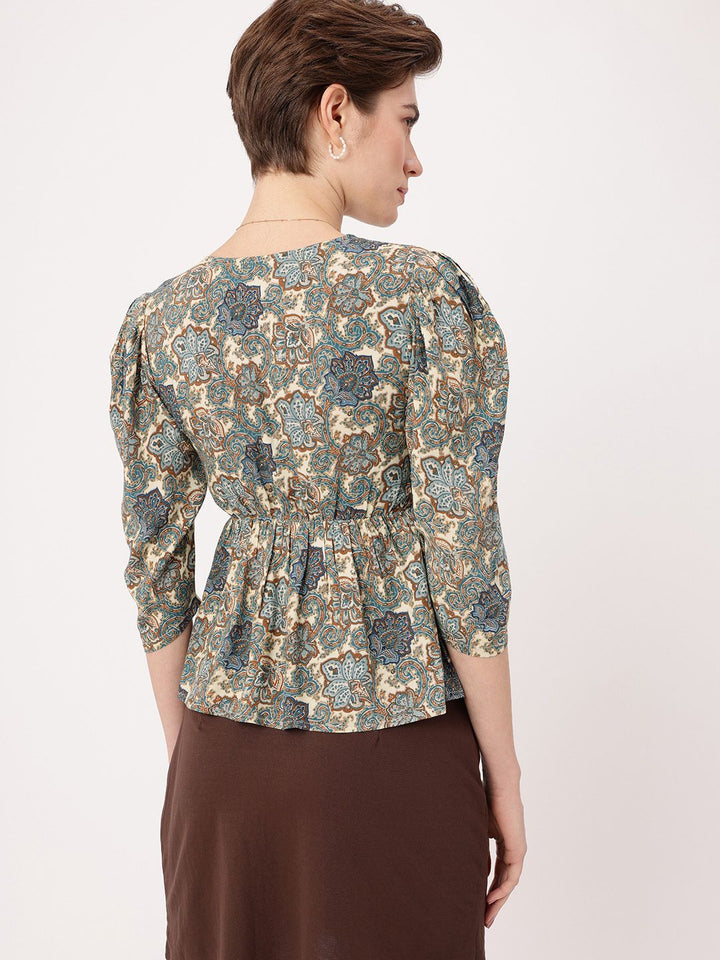 DressBerry Indie Boho Printed Puff Sleeves Gathered A-Line Top