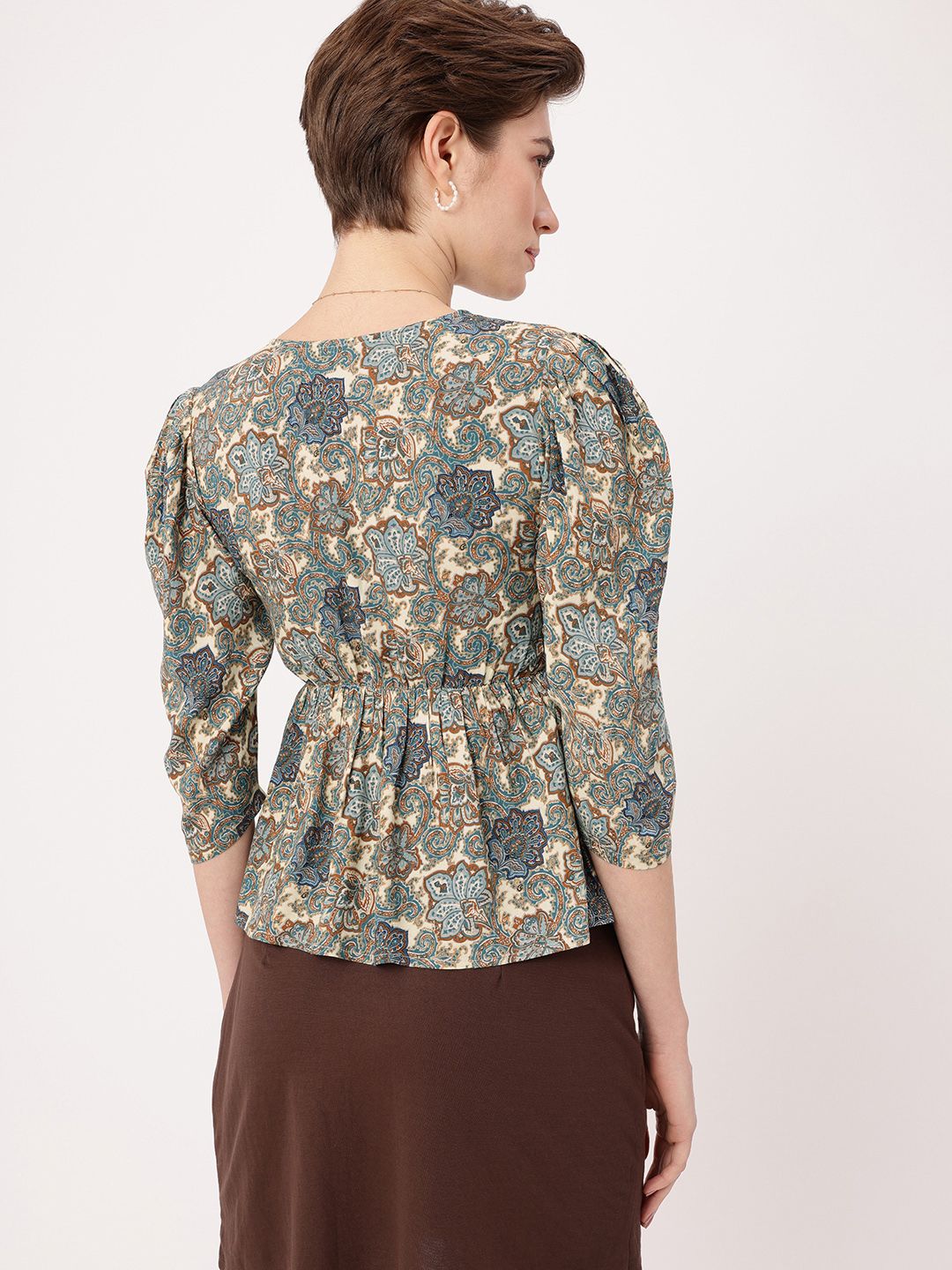 DressBerry Indie Boho Printed Puff Sleeves Gathered A-Line Top
