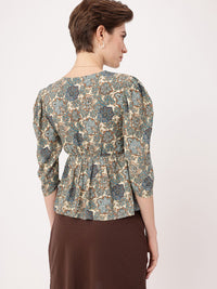 DressBerry Indie Boho Printed Puff Sleeves Gathered A-Line Top
