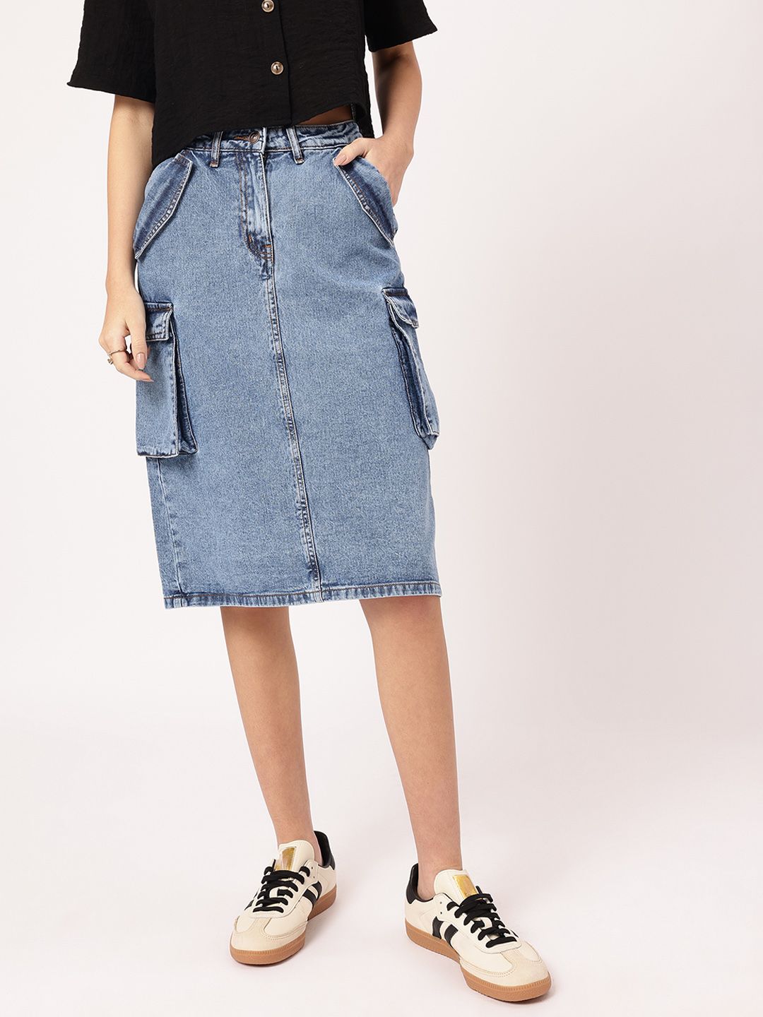 DressBerry City Chic Back Slit Cargo-Style Denim Midi Skirt
