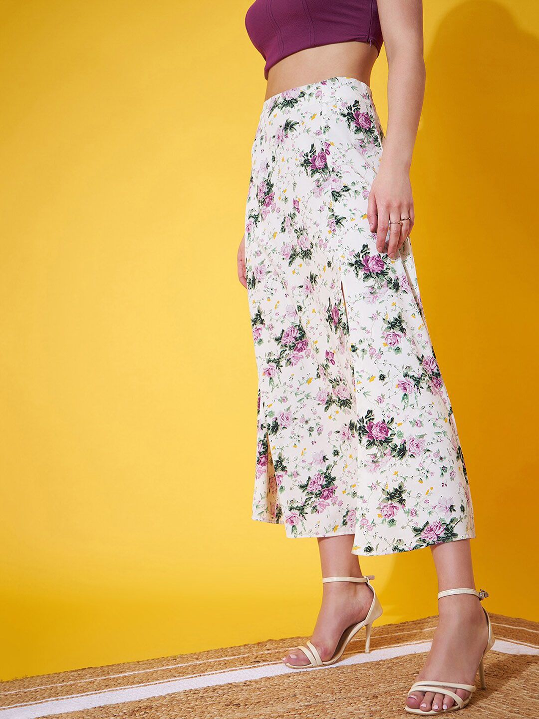Berrylush Floral Printed High Rise A-Line Midi Skirt