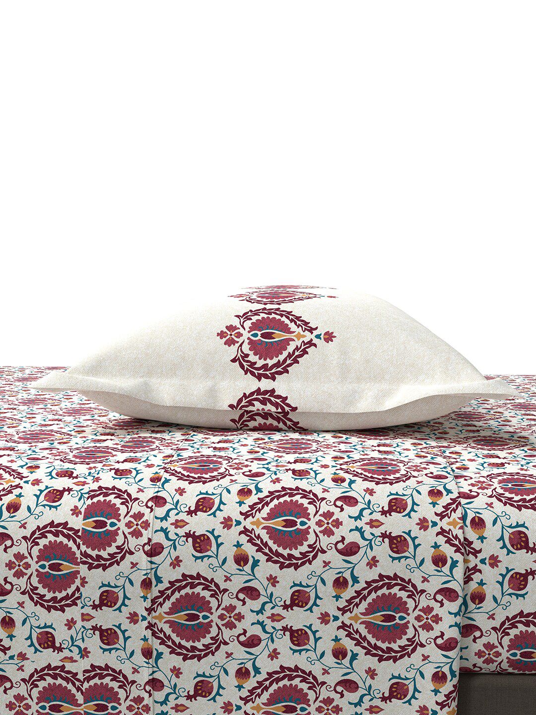 MYTRIDENT White  Red Ethnic Motifs 144 TC Cotton Queen Bedsheet With 2 Pillow Covers