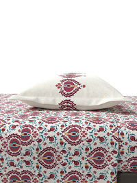 MYTRIDENT White  Red Ethnic Motifs 144 TC Cotton Queen Bedsheet With 2 Pillow Covers