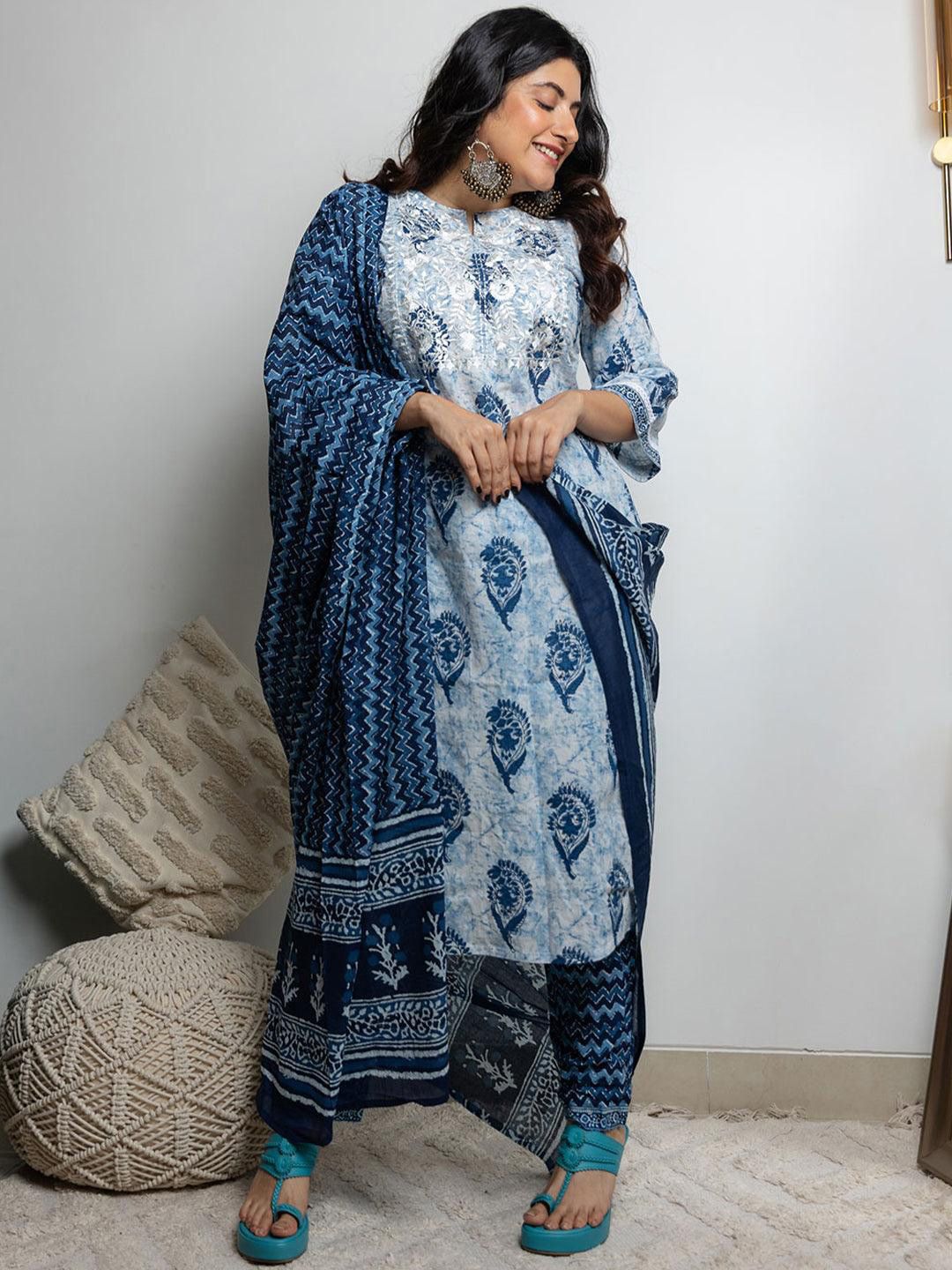 Libas Women White Paisley Motifs Printed Pure Cotton Kurta with Trousers & With Dupatta