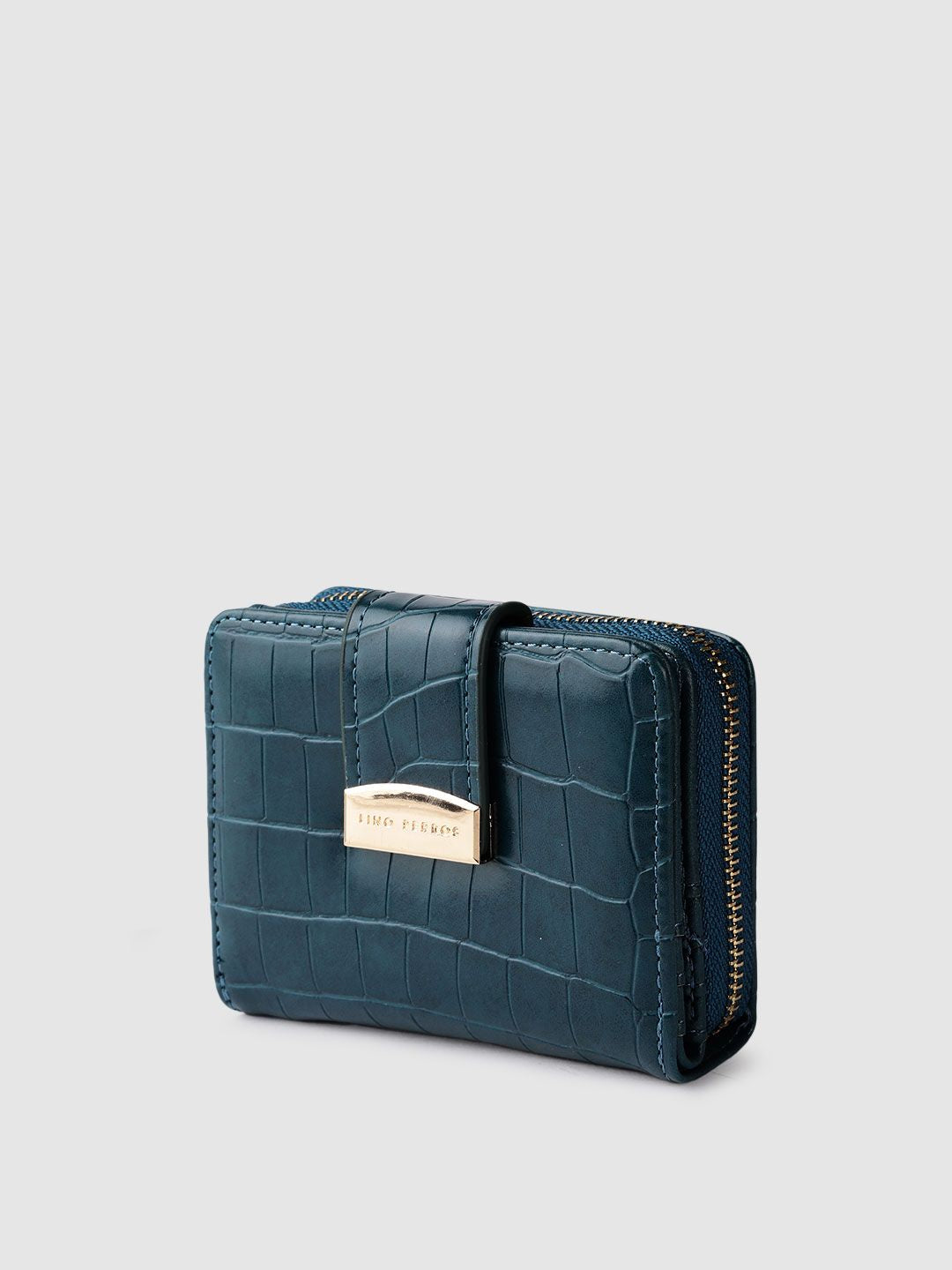 Lino Perros Women Teal Blue Croc Textured Two Fold Wallet